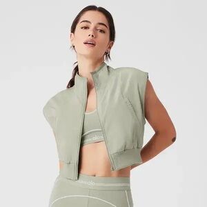 Alo Gray/Green Sleeveless Zip-Up Vest size Large cropped to waist